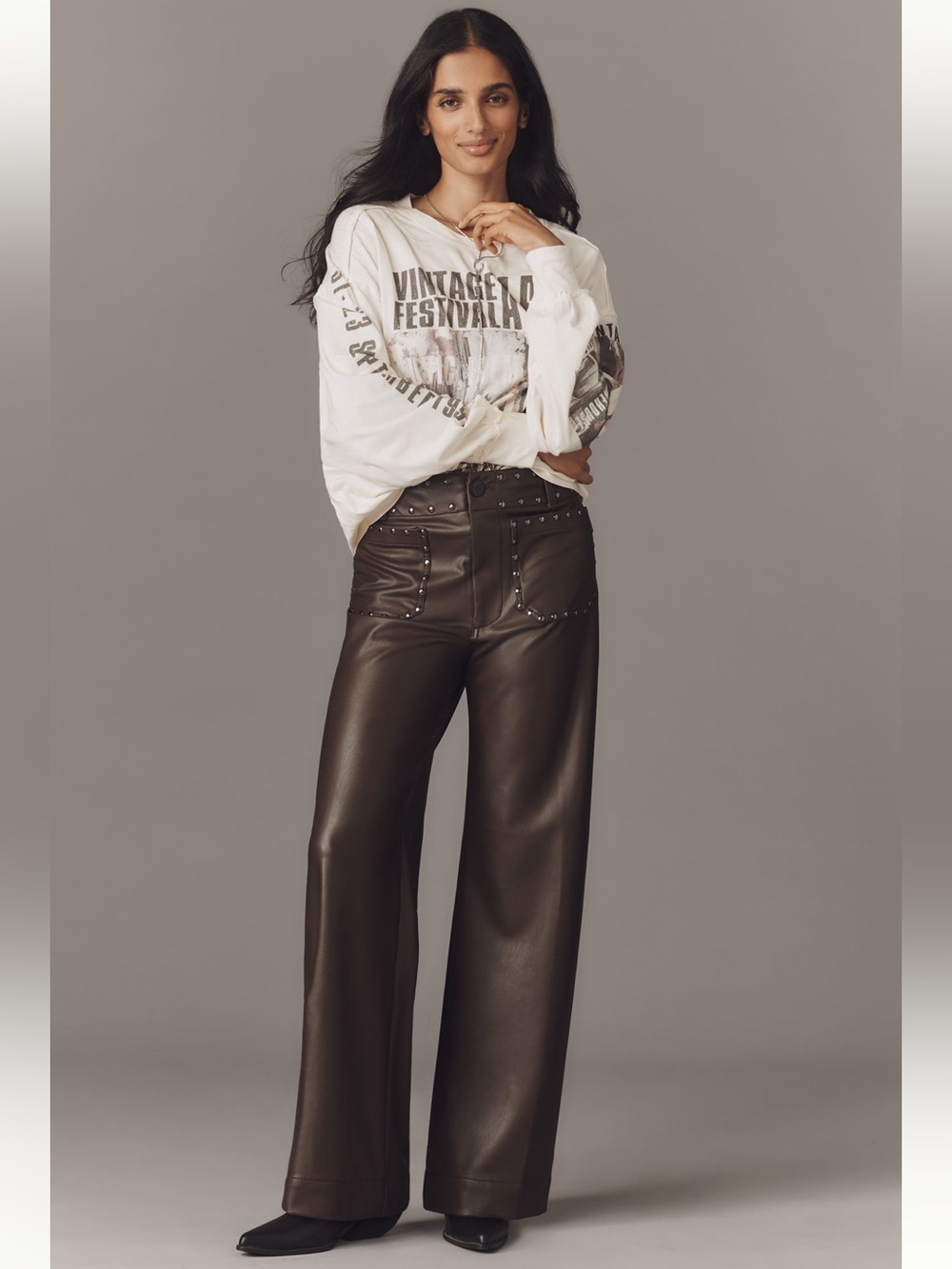 Anthropologie NWT Colette Full-Length Faux Leather Studded Pants by Maeve - Picture 2 of 12